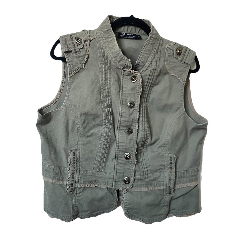 Y2K Tribal Vest Top Womens Gray Green Raw Hem Military Style 2000s Stretch